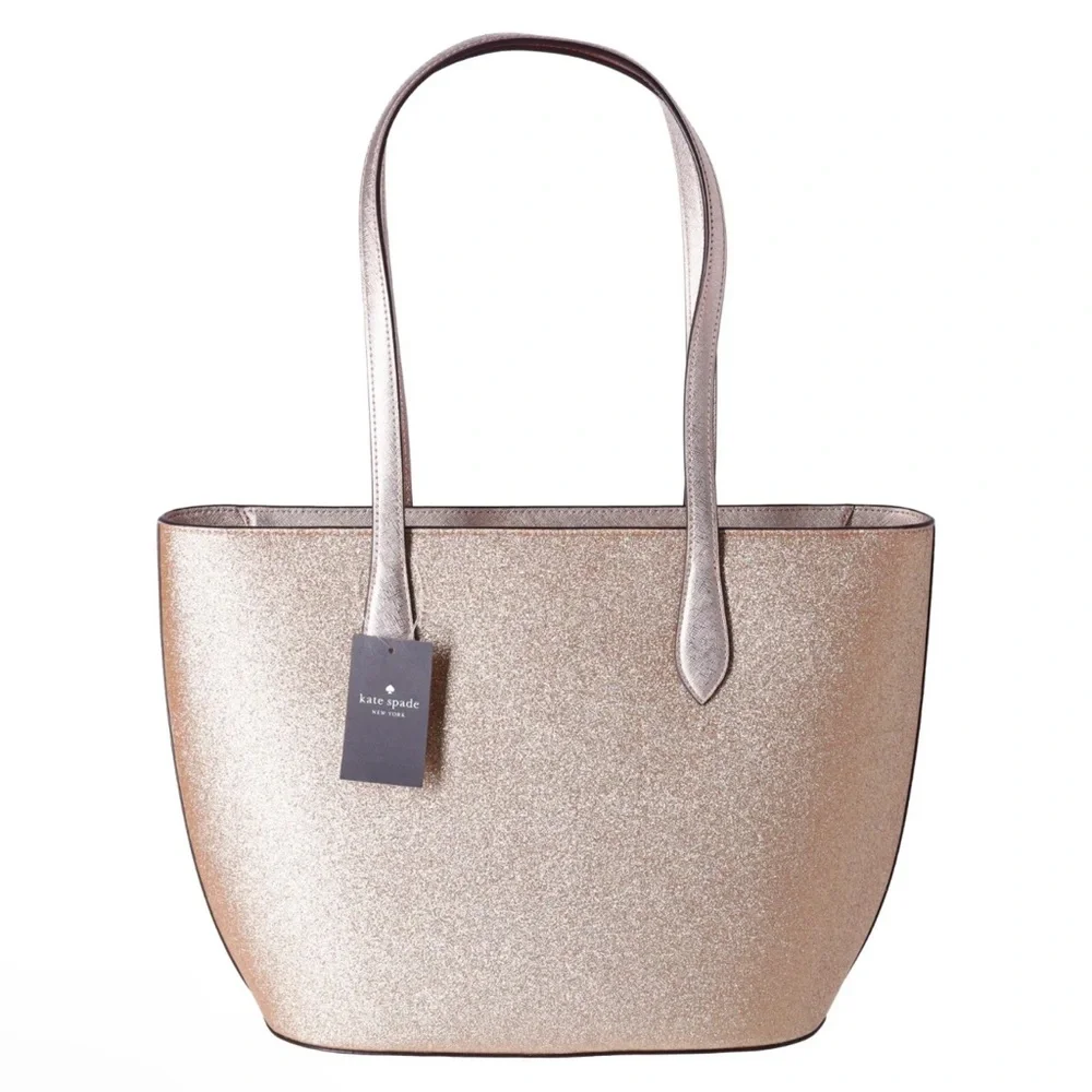Kate Spade Glimmer Large Top Zip Tote Shoulder Bag Gold Glitter Holiday_10